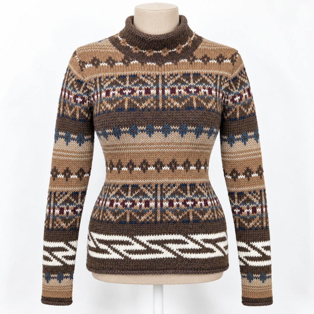 Vintage 90s Hand Knit Fair Isle Sweater Size S Brown Rollneck Nordic Cottagecore